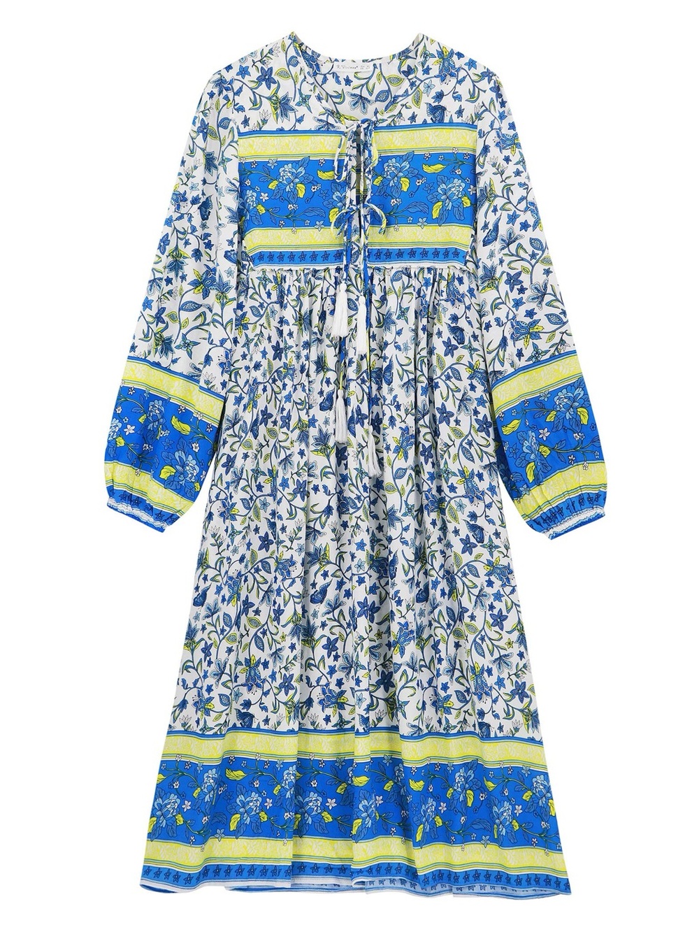 R. Vivimos Blue Floral Boho Cottagecore Tassel Midi Dress XS